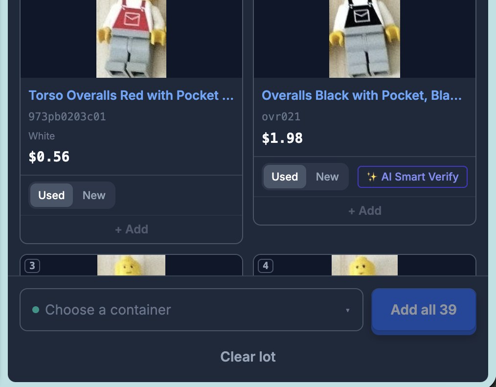 Bulk Lot Scanner commit footer: container picker and Add all 39 button under identified LEGO® torso cards