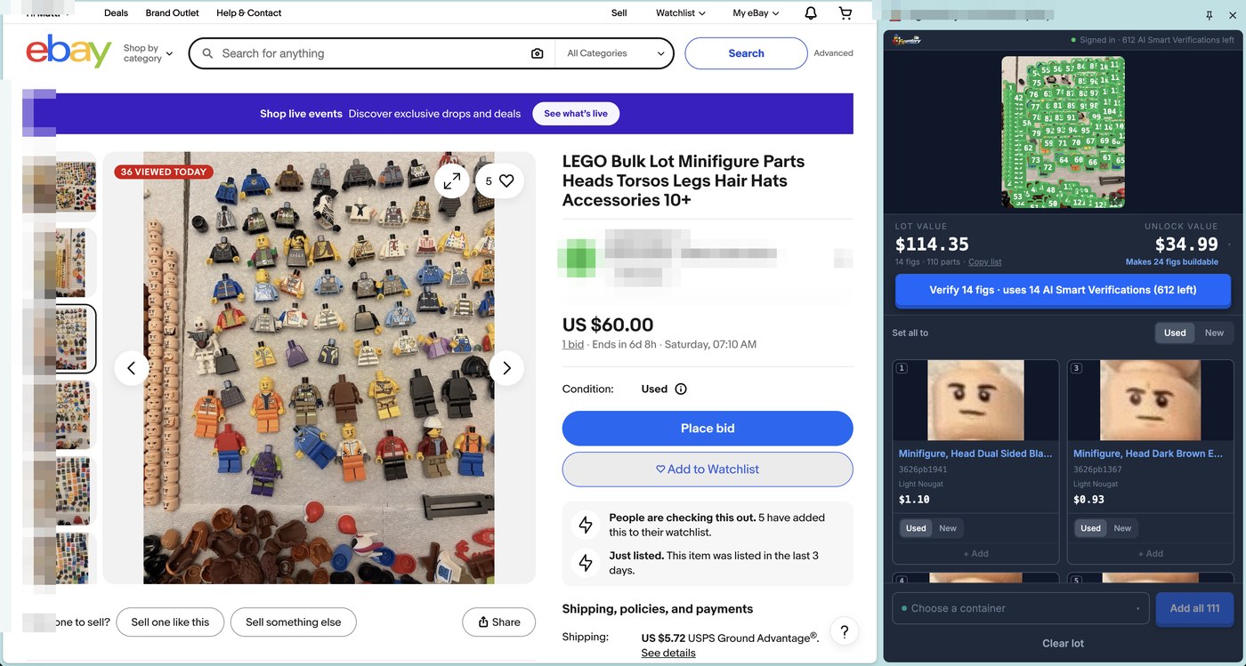 Bulk Lot Scanner pricing a LEGO® minifigure parts lot on an eBay listing: $114.35 lot value against a $60.00 asking price