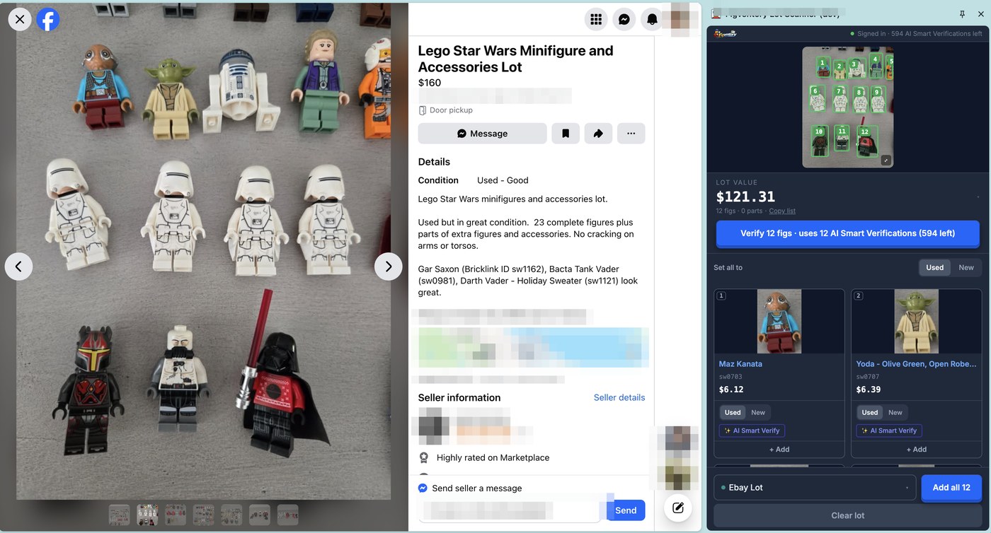 Bulk Lot Scanner on a Facebook Marketplace LEGO® Star Wars minifigure lot: 12 figs identified, $121.31 lot value