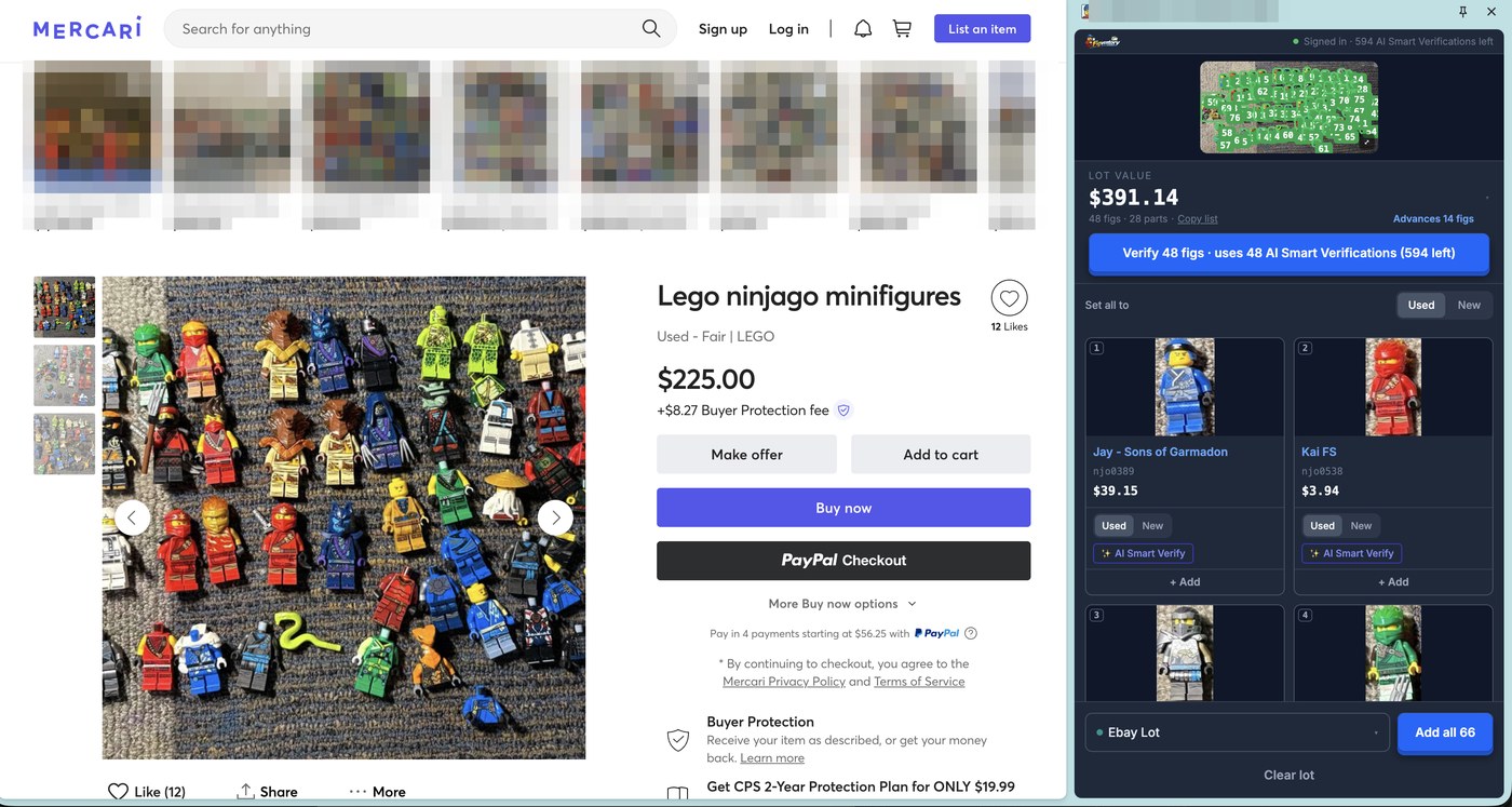 Bulk Lot Scanner on a Mercari LEGO® Ninjago lot listing: 48 figs and 28 parts identified, $391.14 lot value against a $225.00 asking price