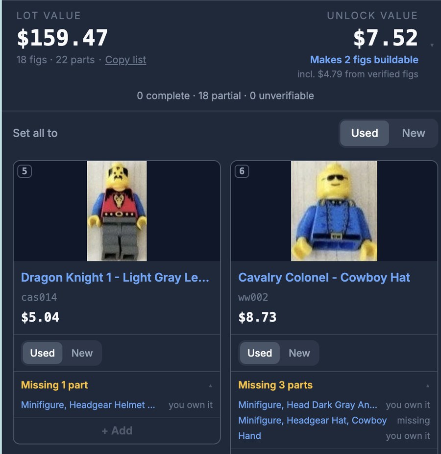 AI Smart Verify results on a LEGO® minifig lot: Dragon Knight missing 1 part you own, Cavalry Colonel missing 3 parts