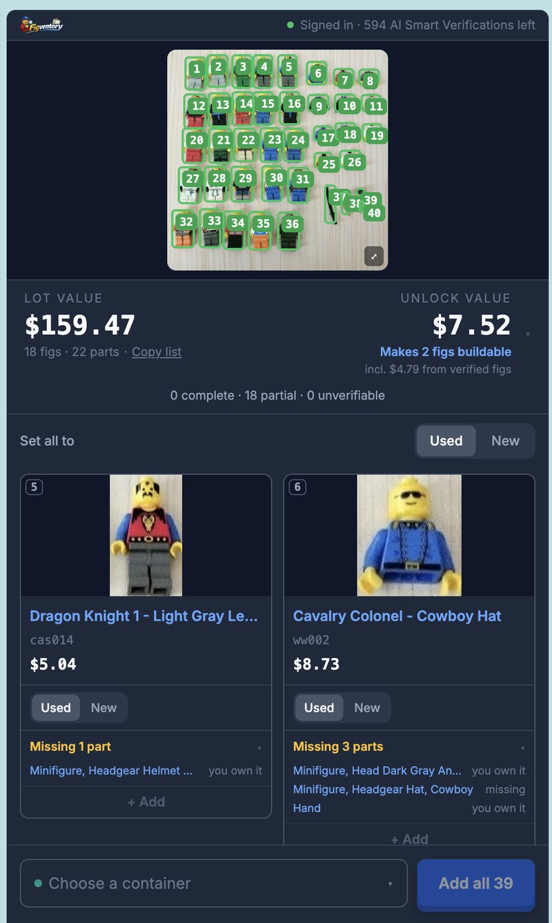 Bulk Lot Scanner panel after AI Smart Verify on a LEGO® lot: $159.47 lot value, $7.52 unlock value including $4.79 from verified figs