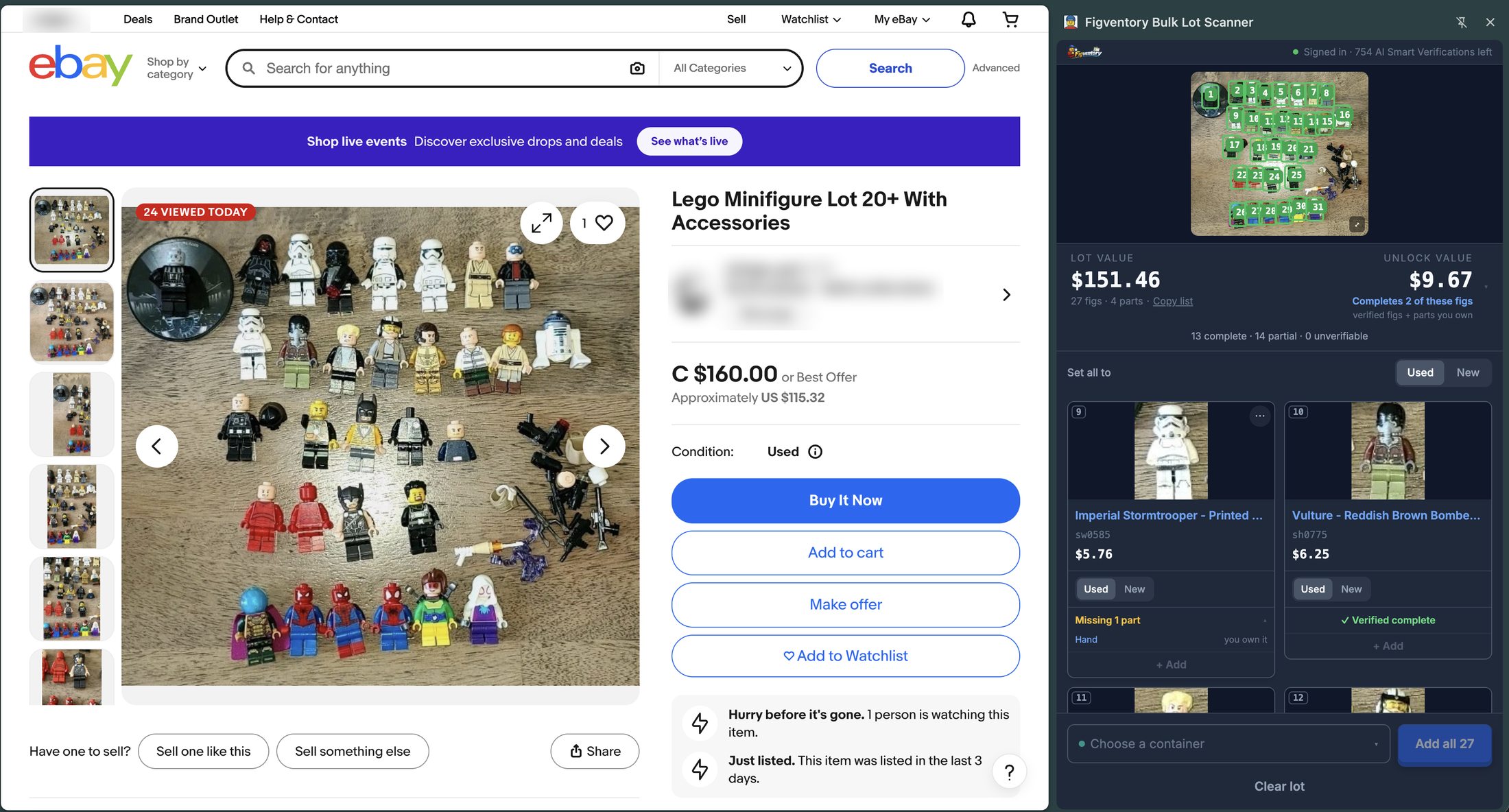 Figventory Bulk Lot Scanner side panel open on a LEGO® minifigure lot listing: 27 figs identified, lot value $151.46 against a $115.32 asking price